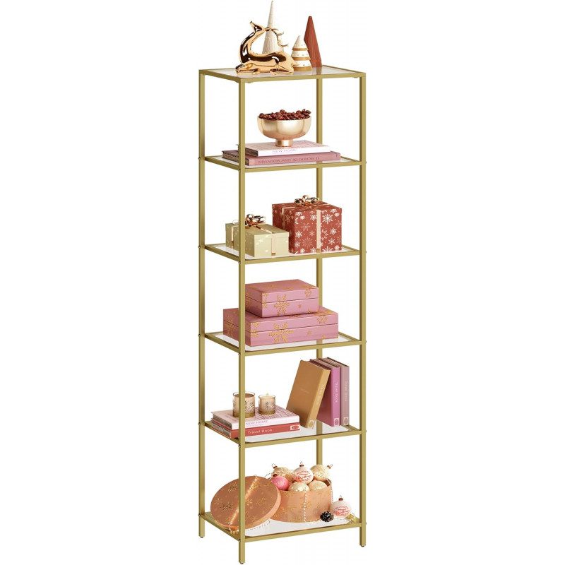 Elegant guldbokhylla med glashyllor – 6 nivåer, 30 × 40 × 177 cm