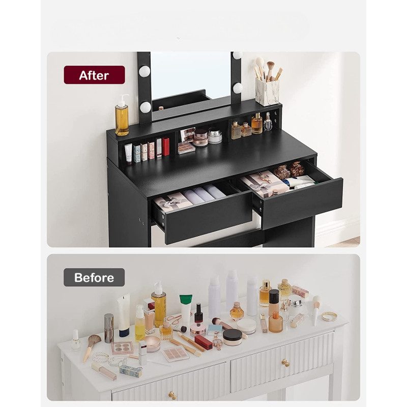 Elegant svart sminkbord med LED-belysning och justerbar ljusstyrka