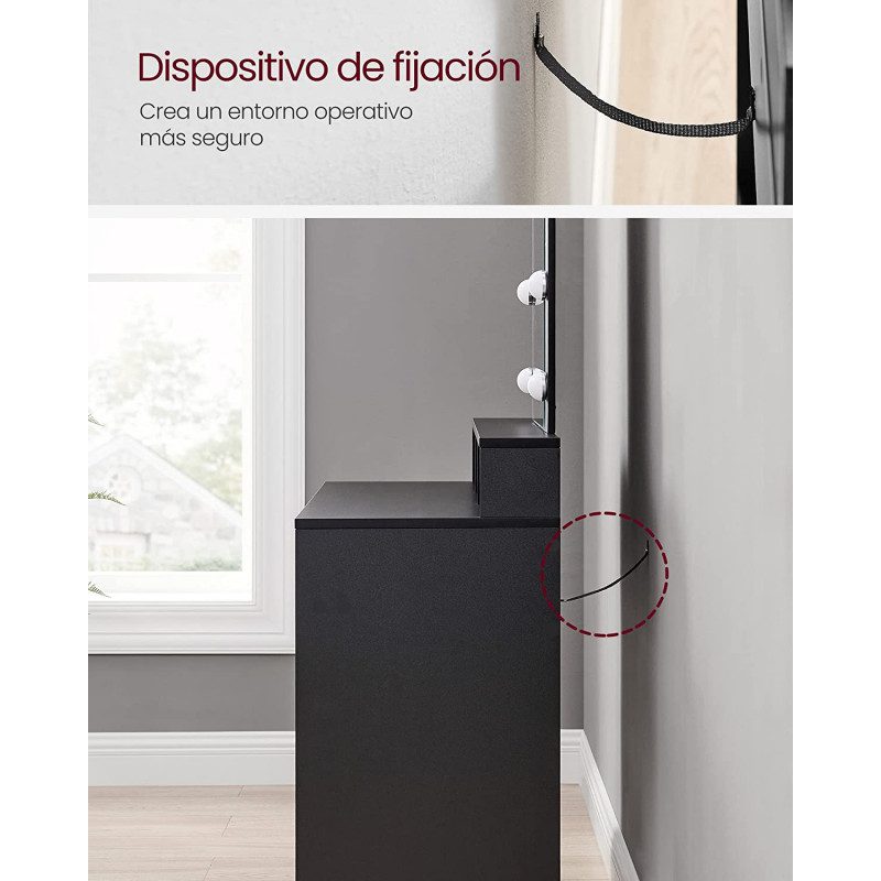 Elegant svart sminkbord med LED-belysning och justerbar ljusstyrka