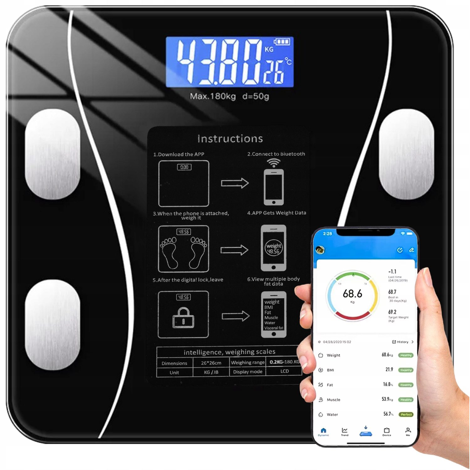 Elektronisk analytisk badrumsvåg 180 kg Bluetooth BT Intelligent