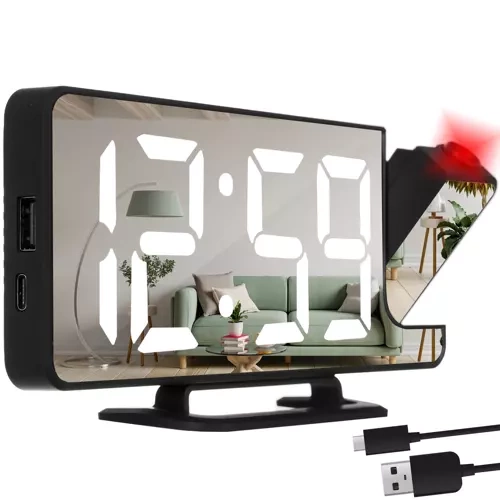 Digital Väckarklocka med Projektor – LED-Display, Spegel & USB-C