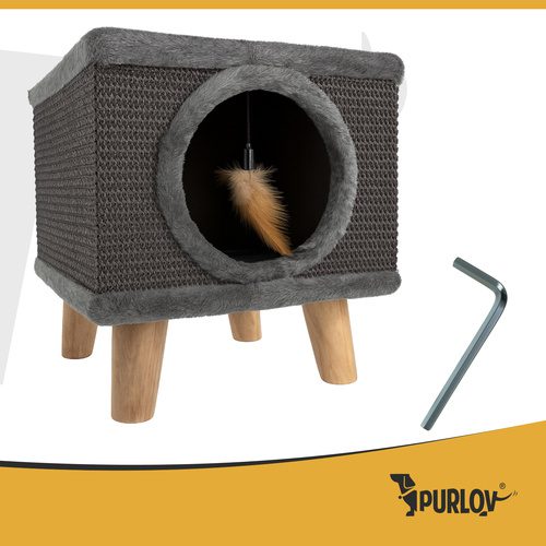 Kattkoja med Klösbräda – Kattbädd i Plysch med Sisal & Leksak - Bild 5