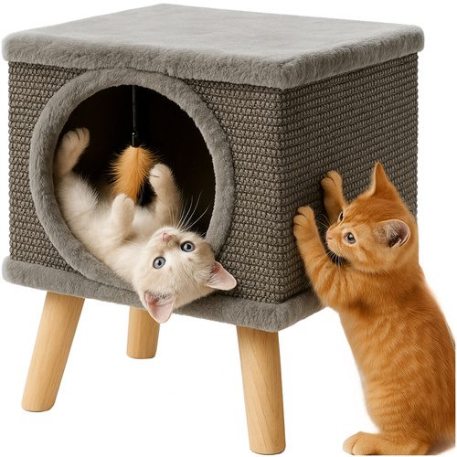 Kattkoja med Klösbräda – Kattbädd i Plysch med Sisal & Leksak