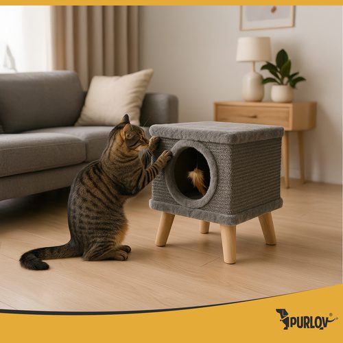 Kattkoja med Klösbräda – Kattbädd i Plysch med Sisal & Leksak - Bild 3