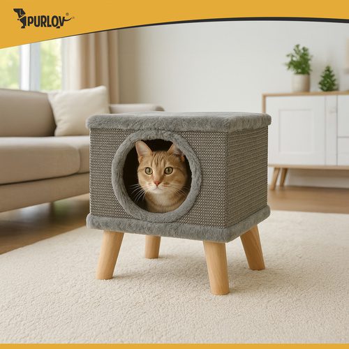 Kattkoja med Klösbräda – Kattbädd i Plysch med Sisal & Leksak - Bild 4