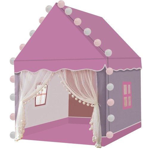 Barntält Hus – Lektält med Ljusslinga & Golvmatta, Rosa