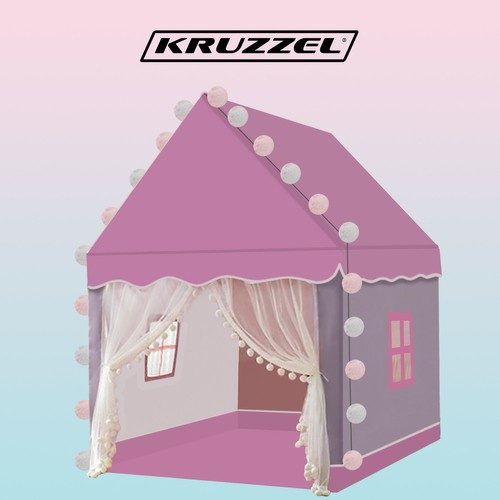 Barntält Hus – Lektält med Ljusslinga & Golvmatta, Rosa - Bild 12