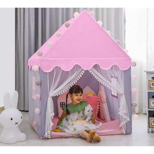 Barntält Hus – Lektält med Ljusslinga & Golvmatta, Rosa - Bild 6