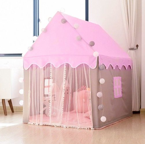 Barntält Hus – Lektält med Ljusslinga & Golvmatta, Rosa - Bild 7