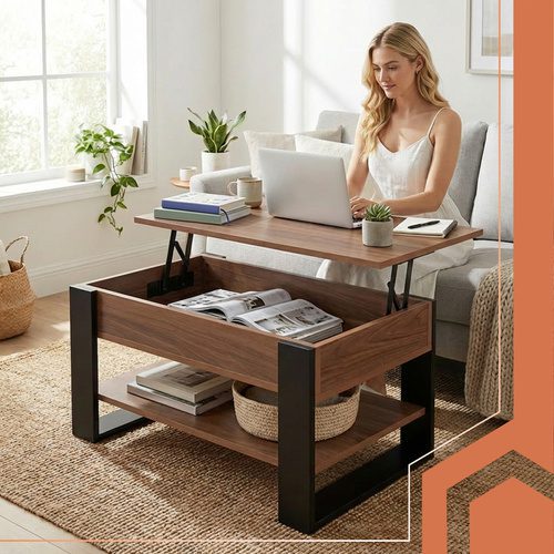 Soffbord 92 x 51 cm – Lyftbart Vardagsrumsbord med Förvaring & Hylla - Bild 6