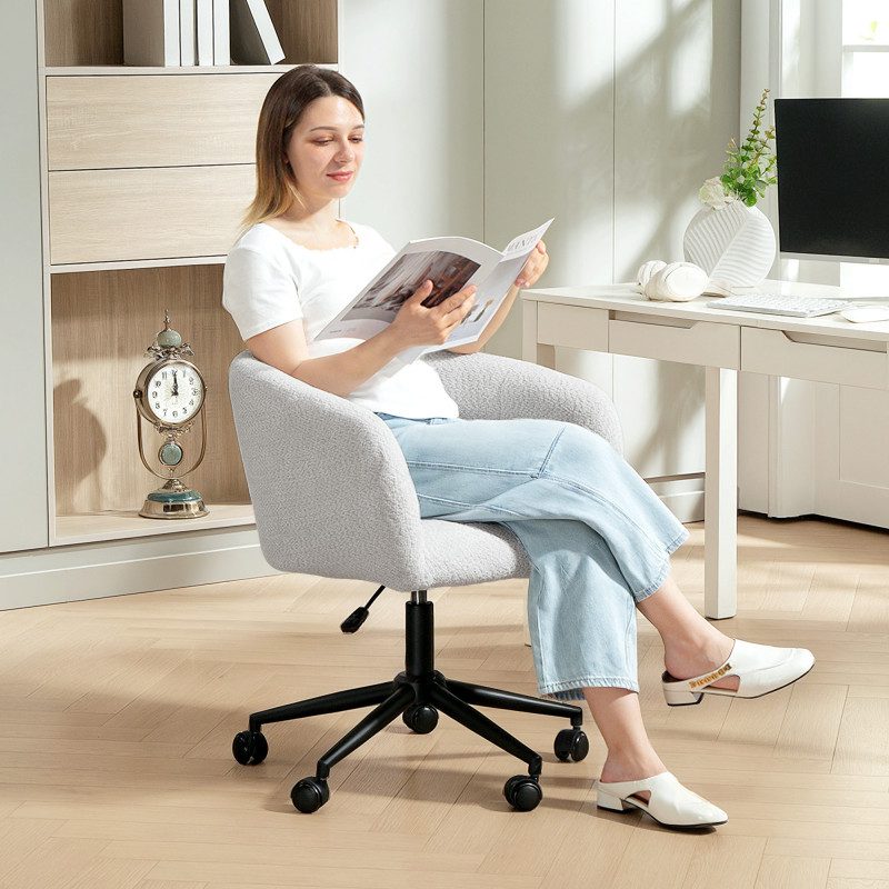 Ergonomisk Kontorsfåtölj – Krämfärgad Sammet-Linne Look med Höjdjustering