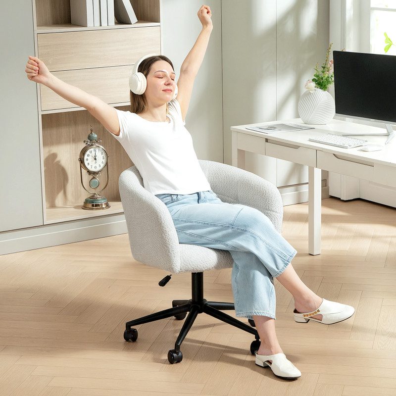 Ergonomisk Kontorsfåtölj – Krämfärgad Sammet-Linne Look med Höjdjustering