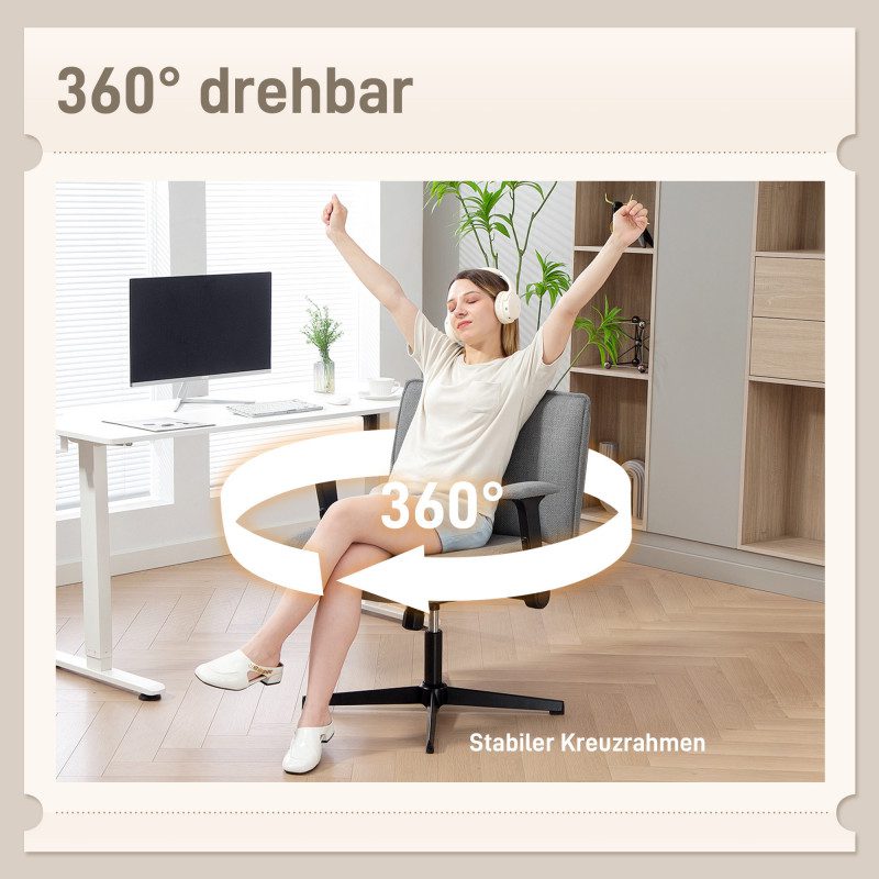 Ergonomisk Kontorsstol – Grå Linne Look, Fällbara Armstöd & Bred Sits