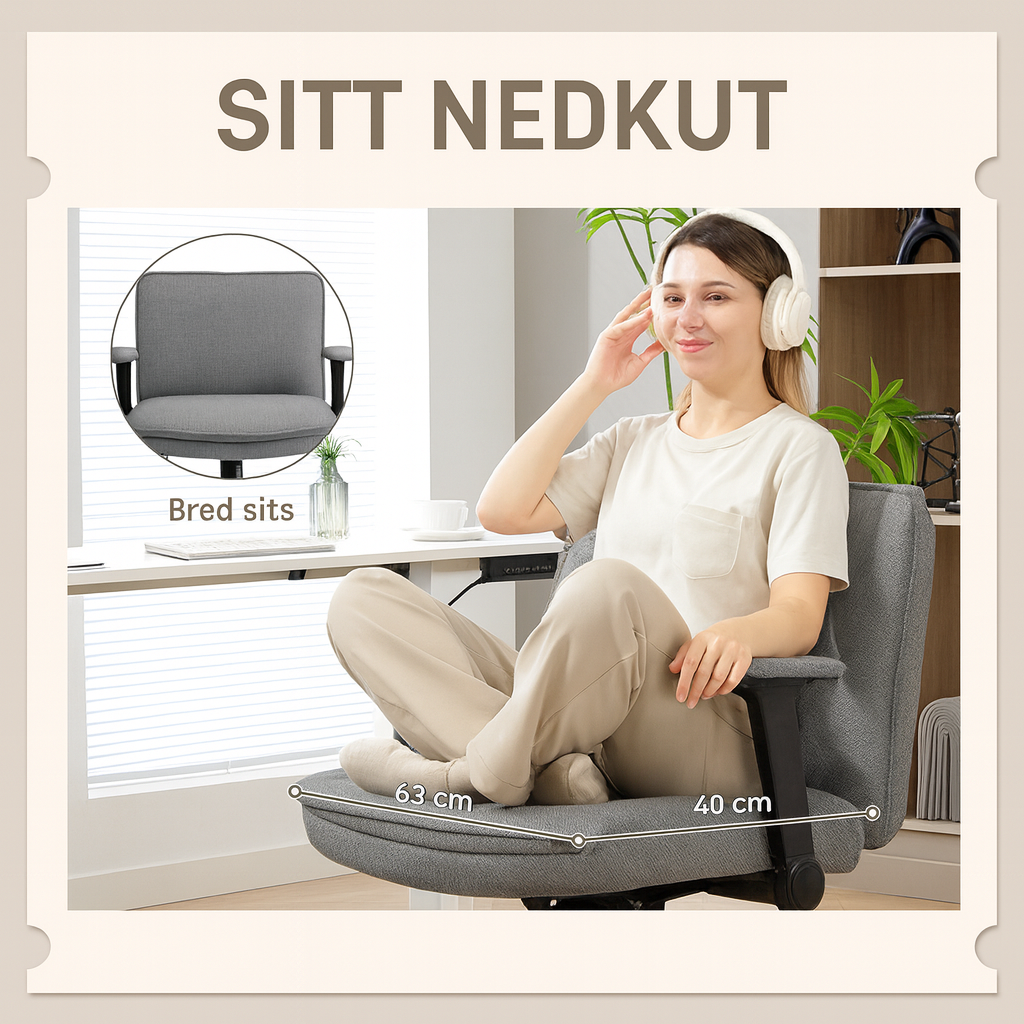 Ergonomisk Kontorsstol – Grå Linne Look, Fällbara Armstöd & Bred Sits