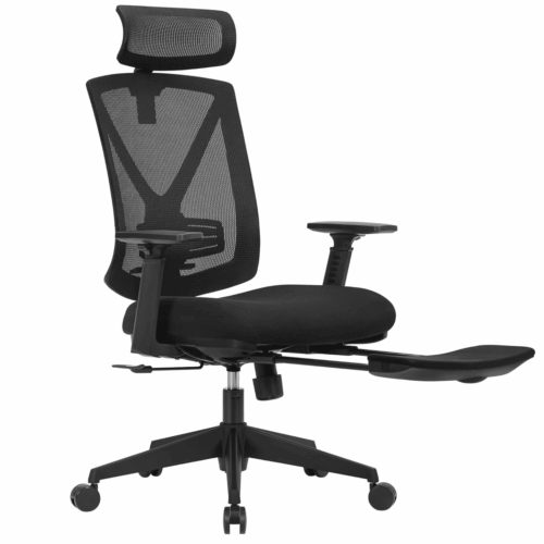 Ergonomisk kontorsstol med justerbart nackstöd och svankstöd samt vadderat fotstöd