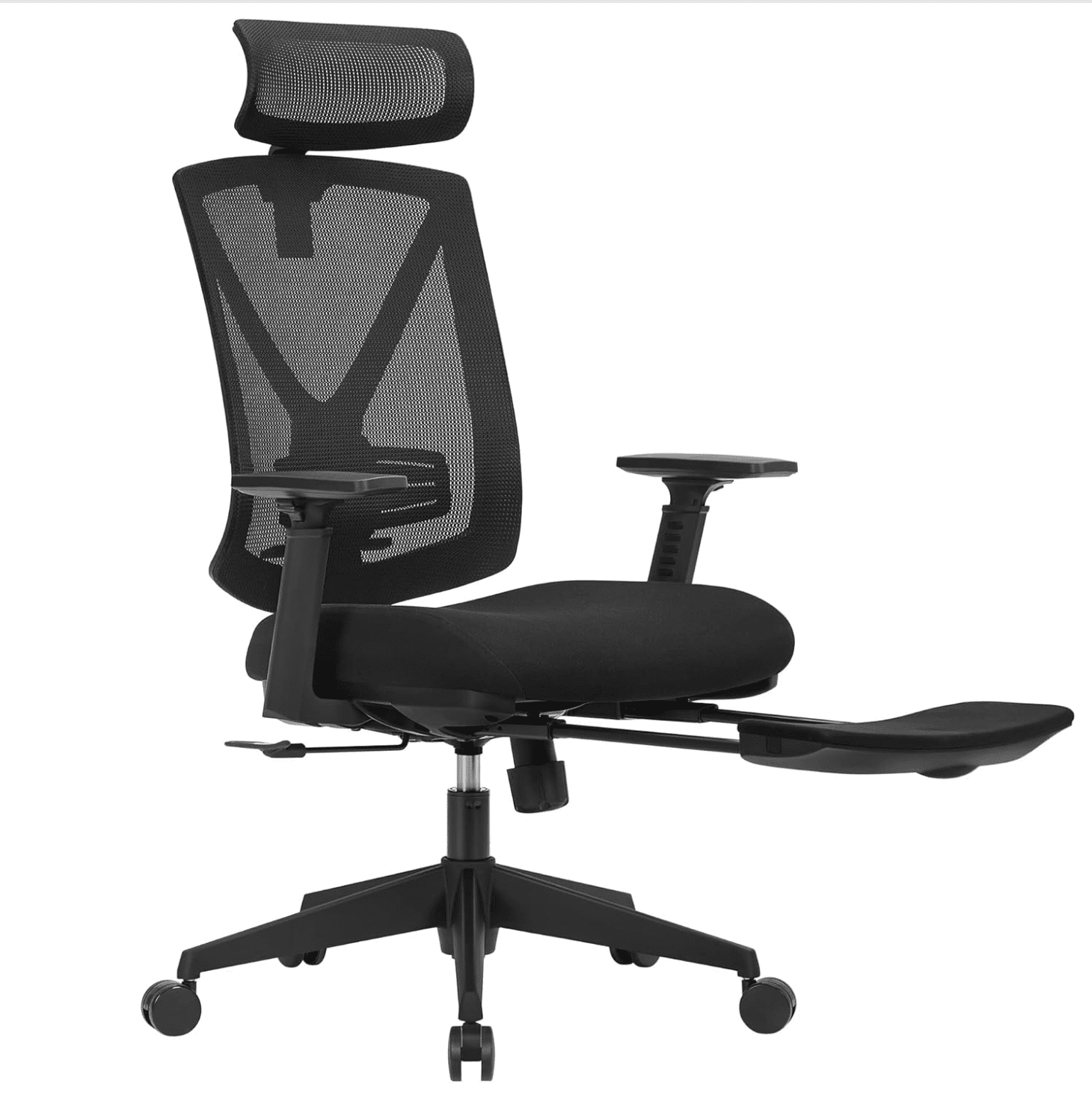 Ergonomisk kontorsstol med justerbart nackstöd och svankstöd samt vadderat fotstöd