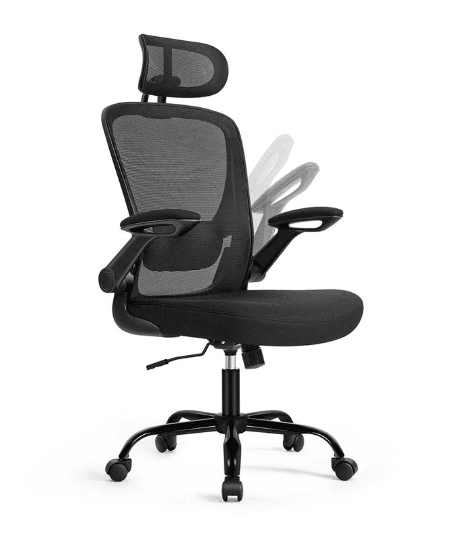 Ergonomisk kontorsstol, skrivbordsstol, snurrstol med mesh, vadderat svankstöd, vippfunktion, 53 cm sits, fällbara armstöd, nackstöd,