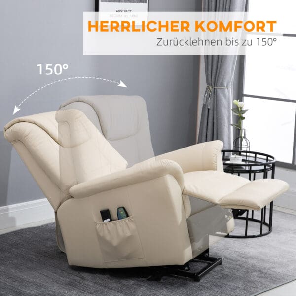 Elektrisk TV-fåtölj med massage, värme & ståhjälp – krämvit recliner - Bild 6
