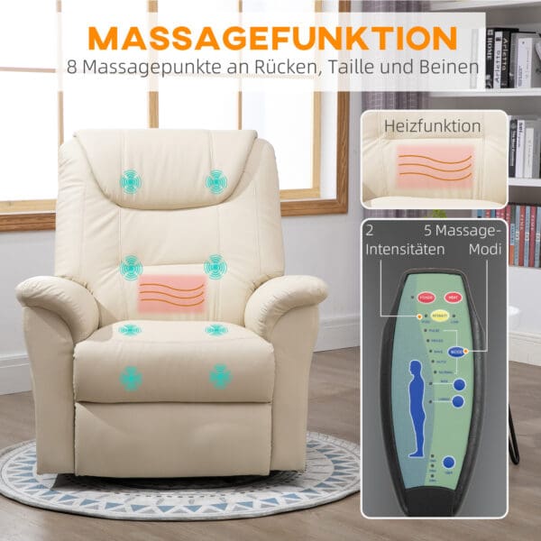 Elektrisk TV-fåtölj med massage, värme & ståhjälp – krämvit recliner - Bild 5