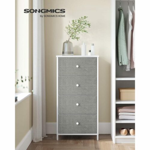 Förvaringsbyrå med 4 Tyglådor – Metallram, Ljusgrå och Vit (45x30x91,7 cm)