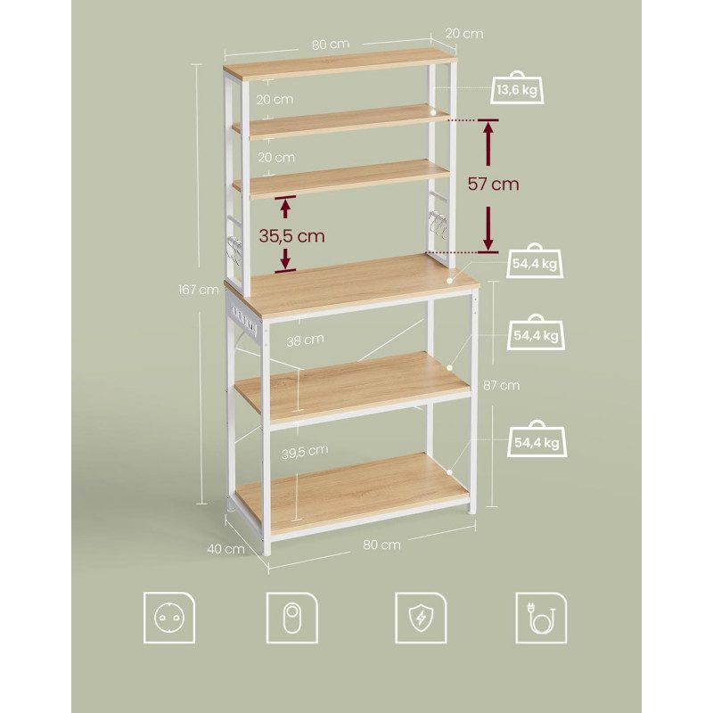 Förvaringshylla för Kök med Strömuttag – 6 Plan, 40 x 80 x 167 cm