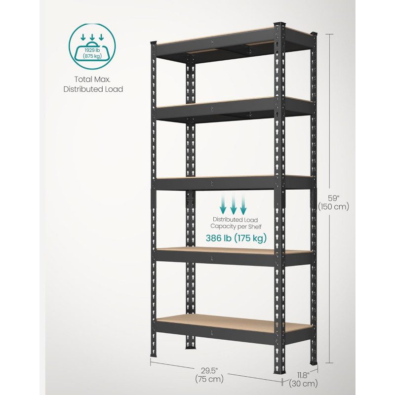 Förvaringshyllor 2-pack – Heavy Duty 5 Hyllor, 875 kg, 30x75x150 cm, Svart