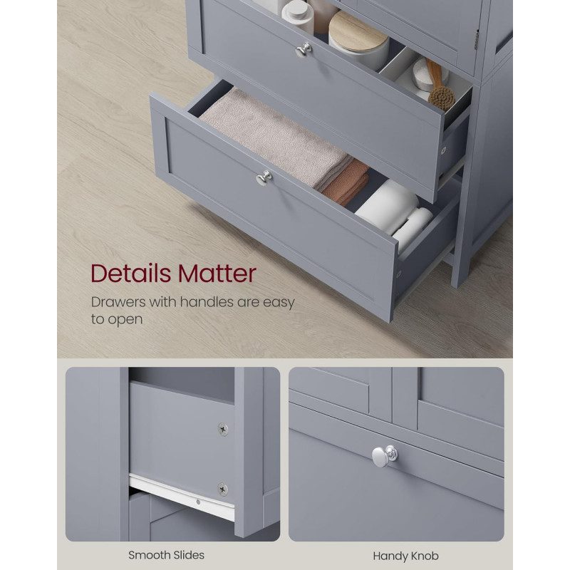 Förvaringsskåp 60 × 30 × 110 cm med skåp + 2 stora lådor – grå