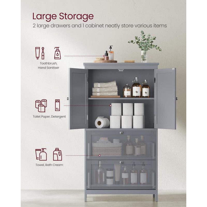 Förvaringsskåp 60 × 30 × 110 cm med skåp + 2 stora lådor – grå