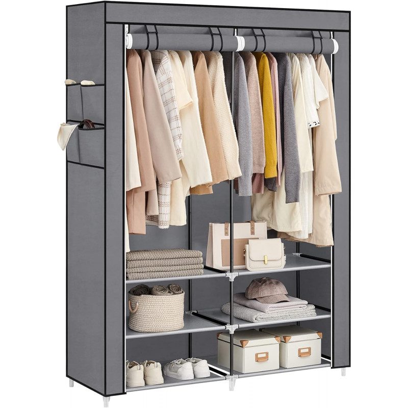 Garderob i Tyg med Dubbel Klädstång – Ljusgrå, 127 × 45 × 176 cm