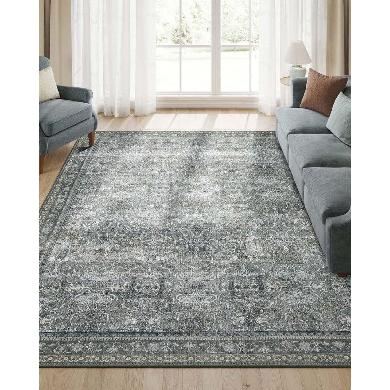 Grå Vintageinspirerad Matta – 160 × 230 cm, Tvättbar i Maskin
