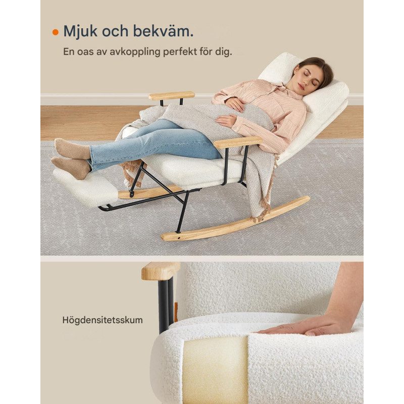 Gungfåtölj med fotstöd och 4 lägen på ryggstödet – krämvit fleece