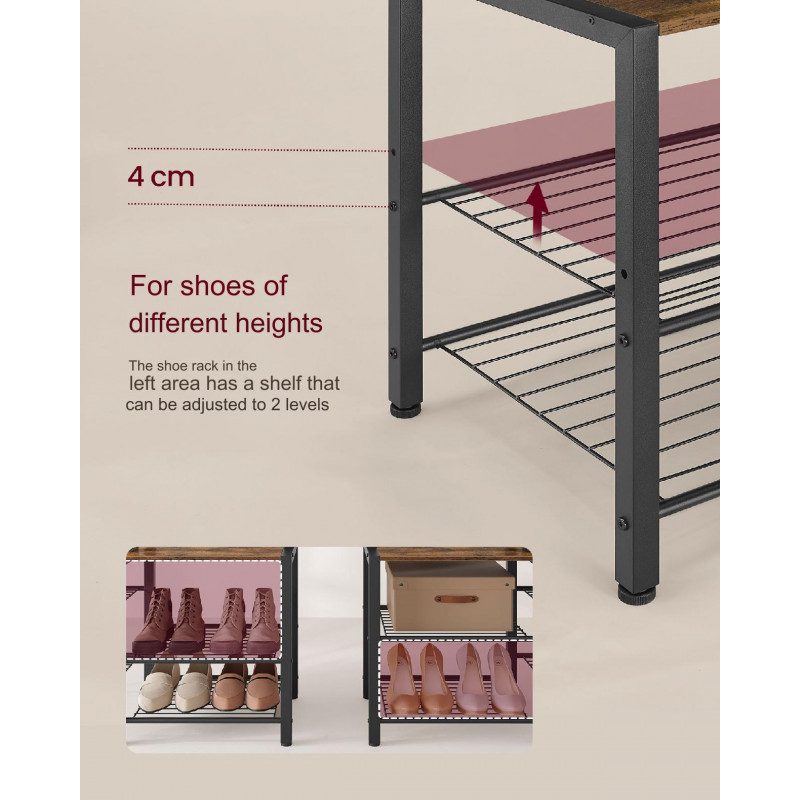 Hallmöbel 4-i-1 med klädhängare, sittbänk och skohylla – vintage brun, 40 × 120 × 190 cm