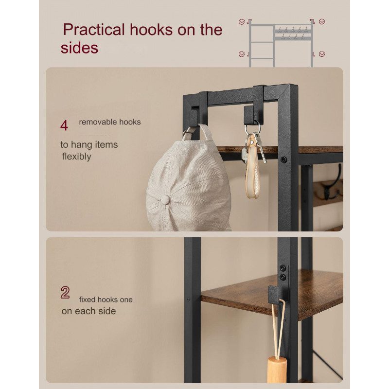 Hallmöbel 4-i-1 med klädhängare, sittbänk och skohylla – vintage brun, 40 × 120 × 190 cm