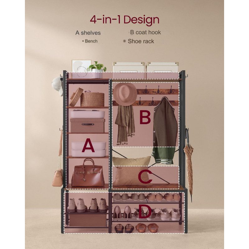 Hallmöbel 4-i-1 med klädhängare, sittbänk och skohylla – vintage brun, 40 × 120 × 190 cm