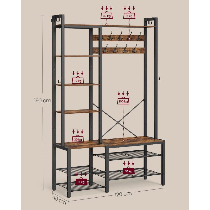 Hallmöbel 4-i-1 med klädhängare, sittbänk och skohylla – vintage brun, 40 × 120 × 190 cm