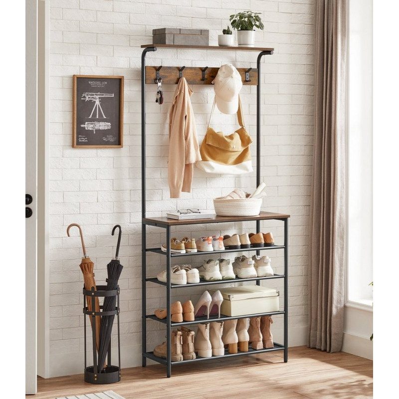 Hallställ i industriell design med klädhängare och 5-vånings skohylla