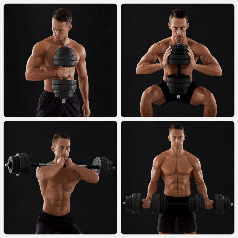 Hantlar och skivstång – komplett set med 16 viktskivor: 8x2,5 kg, 4x1,25 kg, 4x1 kg