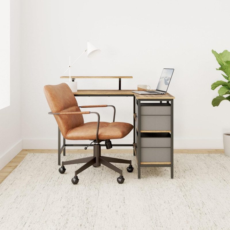 Hörnskrivbord i L-form med förvaring, lådor och hyllor – vintagebrun (115 × 105 cm)