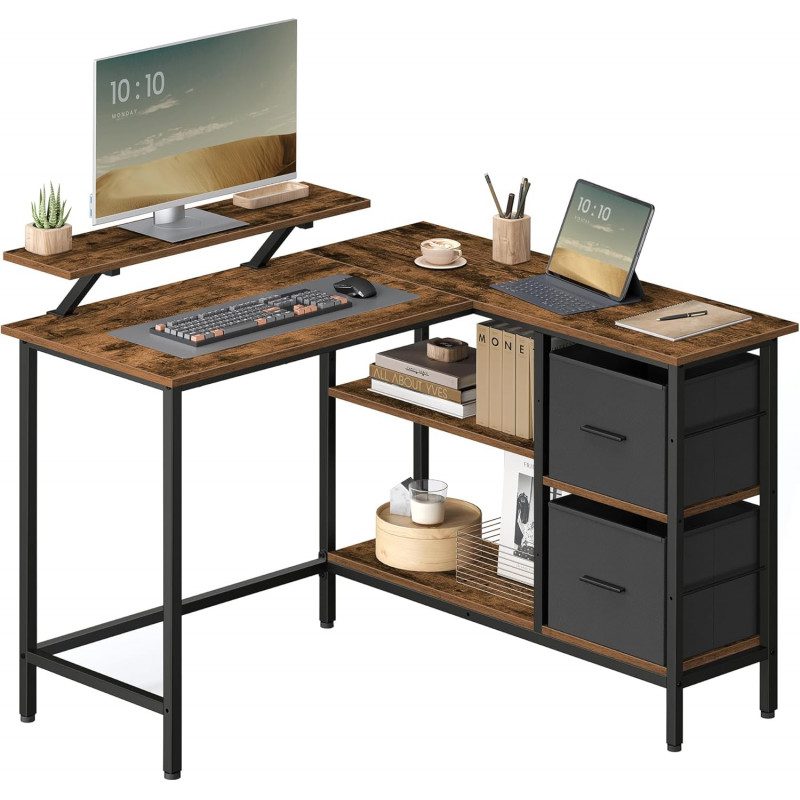 Hörnskrivbord i L-form med förvaring, lådor och hyllor – vintagebrun (115 × 105 cm)