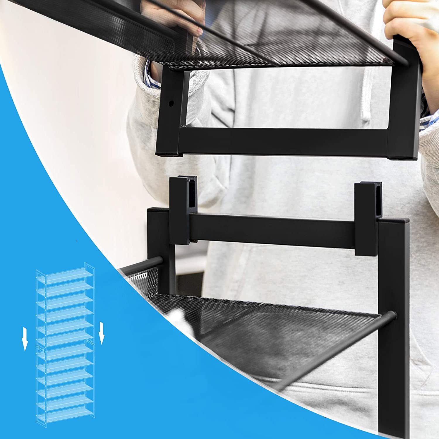 XL Skoställ i Metall 92,5×30,7×223 cm – Stapelbar Förvaring med Dubba Näthyllor