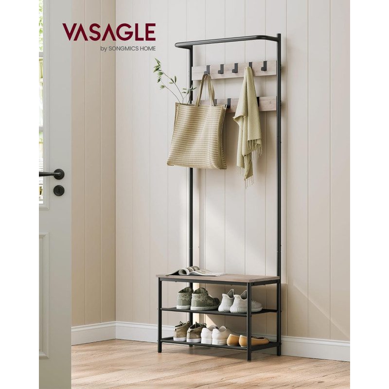 Industriell Klädhängare med Skoställ & Sittbänk – Greige