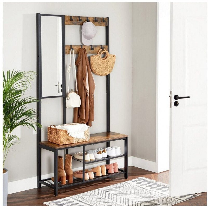 Klädhängare för hallen med spegel + sittbänk och skohylla – vintage brun, 98 × 36 × 185 cm