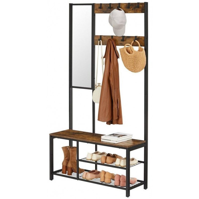 Klädhängare för hallen med spegel + sittbänk och skohylla – vintage brun, 98 × 36 × 185 cm
