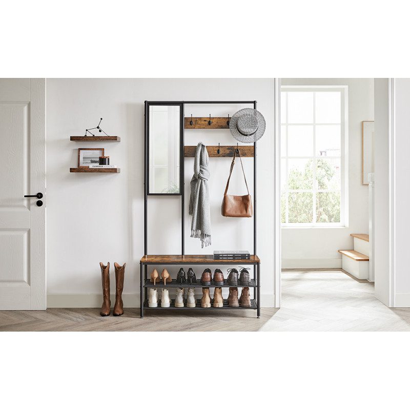 Klädhängare med spegel och bänk, inklusive skoställ – vintage brun, 98 × 35 × 180 cm