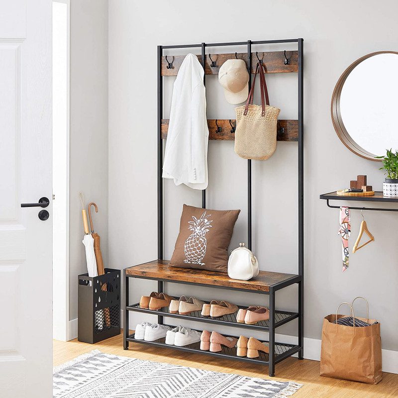 Klädhängare XL med sittbänk och skoförvaring – industriell stil, vintage brun/svart