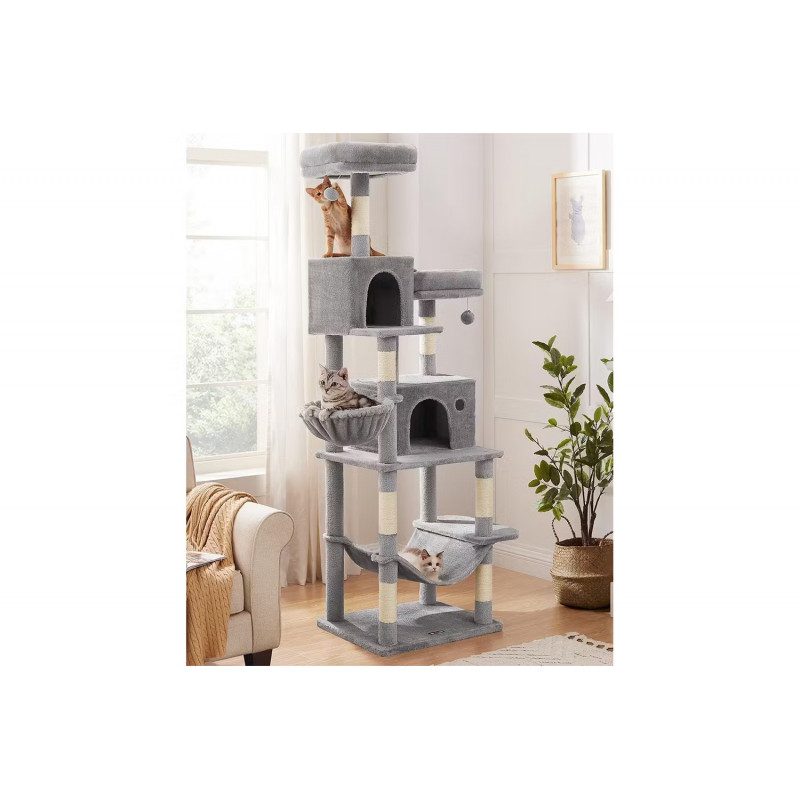 Klösträd 199 cm i flera nivåer med 2 grottor, hängmatta & plattformar, grå plysch och sisal