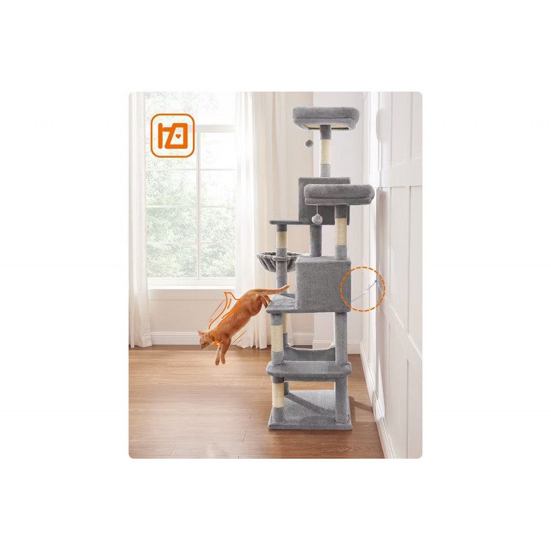 Klösträd 199 cm i flera nivåer med 2 grottor, hängmatta & plattformar, grå plysch och sisal