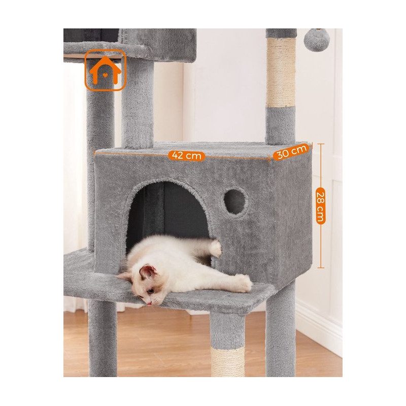 Klösträd 199 cm i flera nivåer med 2 grottor, hängmatta & plattformar, grå plysch och sisal