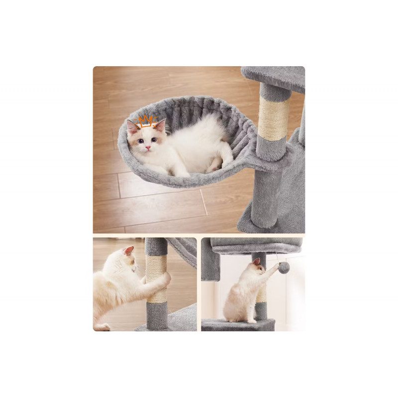 Klösträd 199 cm i flera nivåer med 2 grottor, hängmatta & plattformar, grå plysch och sisal