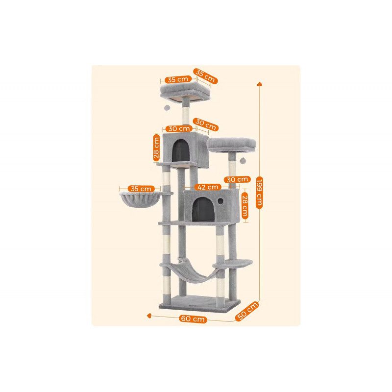 Klösträd 199 cm i flera nivåer med 2 grottor, hängmatta & plattformar, grå plysch och sisal